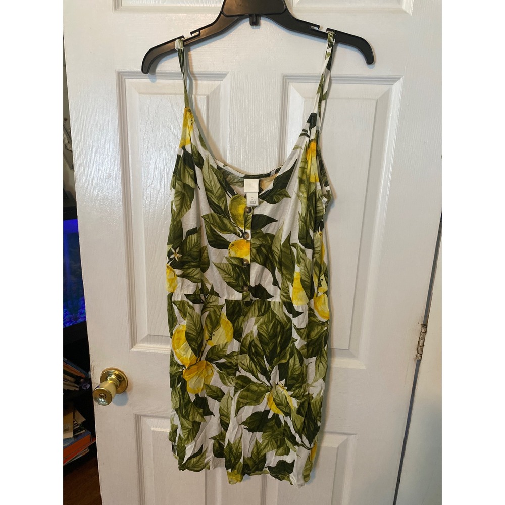 H&M Lemon Print Romper Womens Large Yellow Green Fruit Botanical Button Front